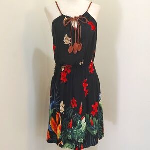 Floral Black Dress With Leather Leaf String Ties Size XL